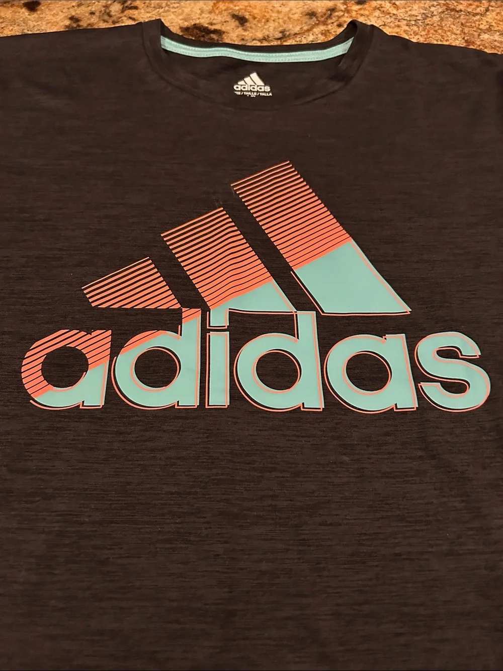 adidas Black Short-Sleeve Logo Tee with Teal and Coral Accents